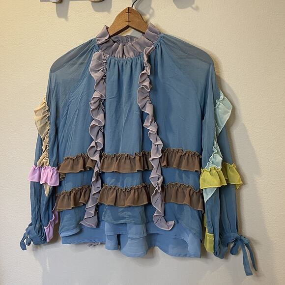Cynthia Rowley Blue Multicolor Grace Ruffle Long Sleeve Blouse Women’s Size S - Picture 1 of 5